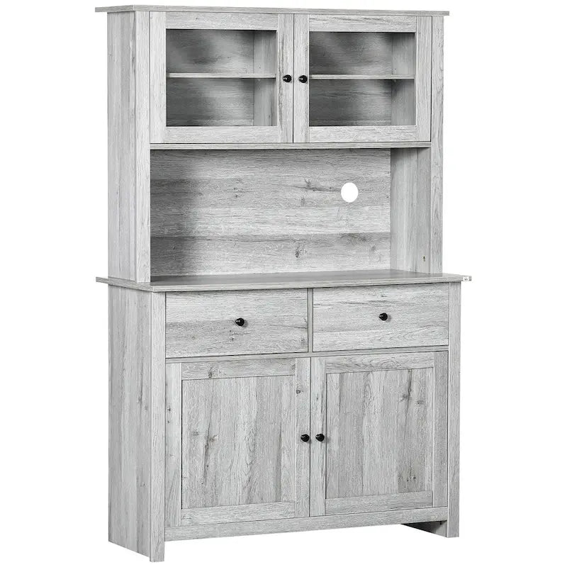 Kitchen Buffet with Hutch, 4 Shelves, 2 Drawers, Glass Doors, and Open Microwave Space