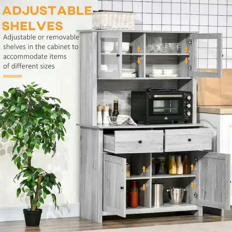 Kitchen Buffet with Hutch, 4 Shelves, 2 Drawers, Glass Doors, and Open Microwave Space