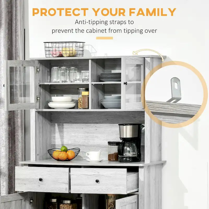 Kitchen Buffet with Hutch, 4 Shelves, 2 Drawers, Glass Doors, and Open Microwave Space