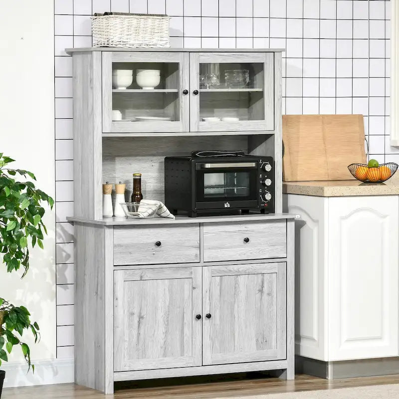 Kitchen Buffet with Hutch, 4 Shelves, 2 Drawers, Glass Doors, and Open Microwave Space