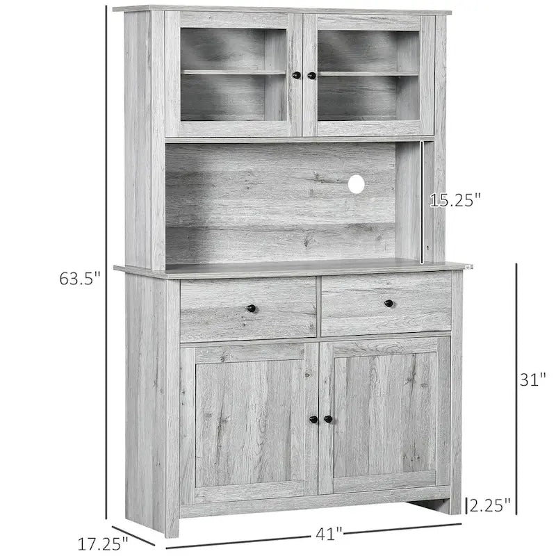 Kitchen Buffet with Hutch, 4 Shelves, 2 Drawers, Glass Doors, and Open Microwave Space