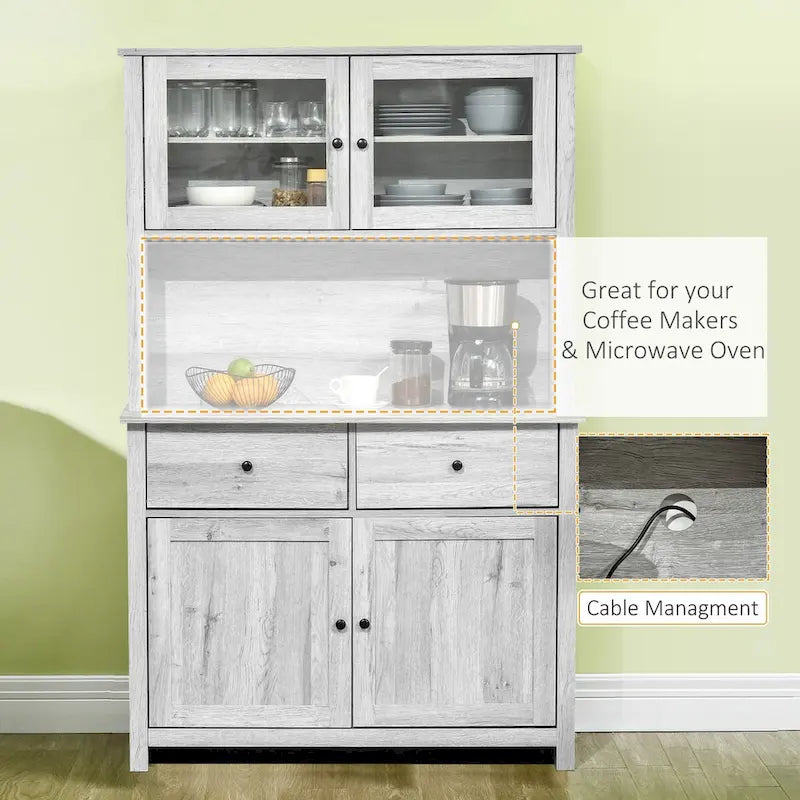 Kitchen Buffet with Hutch, 4 Shelves, 2 Drawers, Glass Doors, and Open Microwave Space