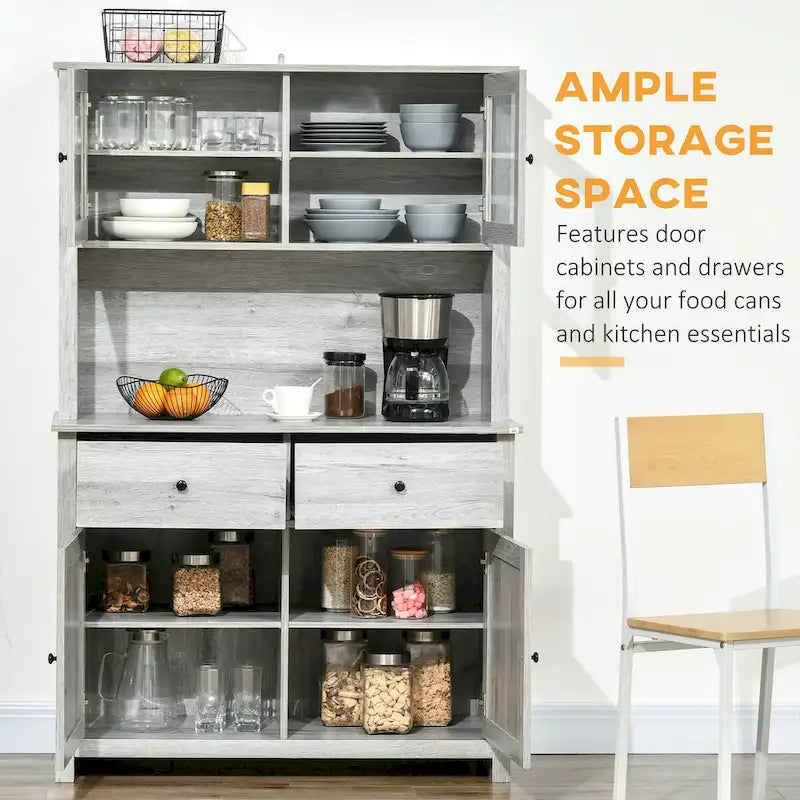Kitchen Buffet with Hutch, 4 Shelves, 2 Drawers, Glass Doors, and Open Microwave Space