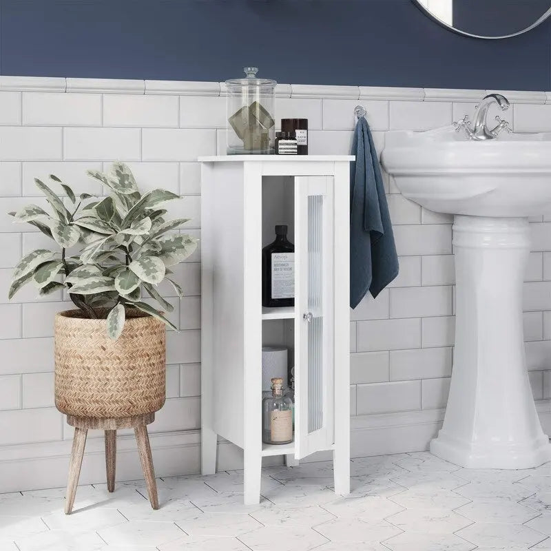 Narrow Bathroom Storage Cabinet with Reed Glass Door and Soft-Close Hinges - 13W in.