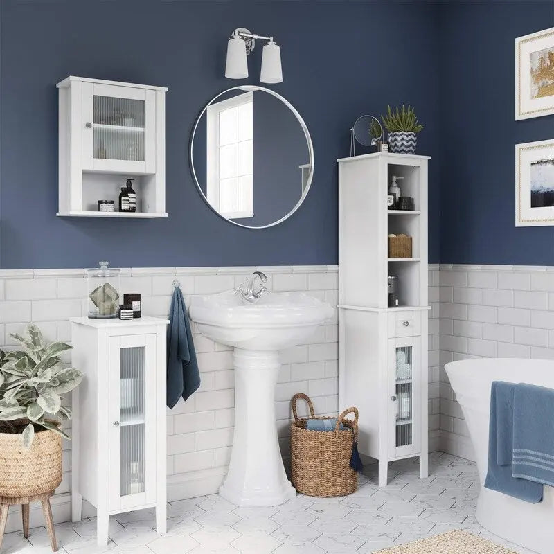 Narrow Bathroom Storage Cabinet with Reed Glass Door and Soft-Close Hinges - 13W in.