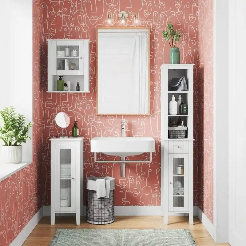 Narrow Bathroom Storage Cabinet with Reed Glass Door and Soft-Close Hinges - 13W in.