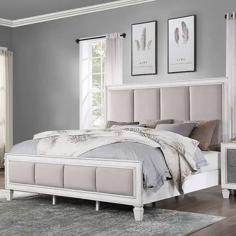 Farmhouse Channel-Tufted Linen Upholstered Bed - Light Gray and Weathered White