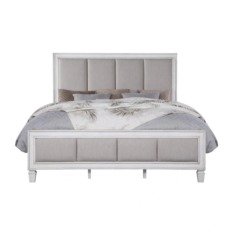 Farmhouse Channel-Tufted Linen Upholstered Bed - Light Gray and Weathered White