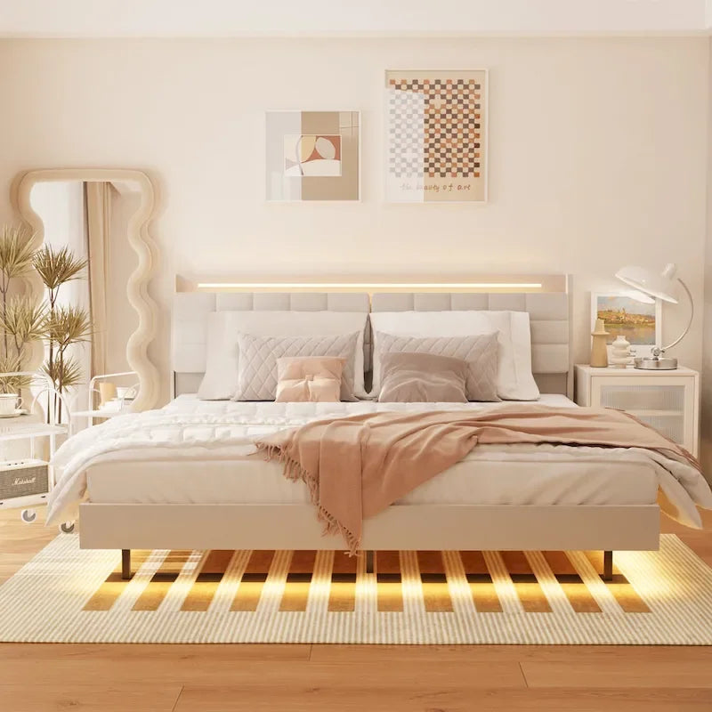 Struttura letto king size sospesa con luci LED RGB, contenitore nella testiera e ricarica USB - Velluto beige