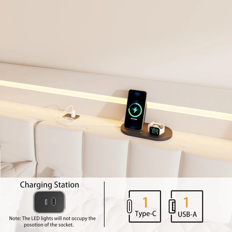 King Size Floating Bed Frame with RGB LED Lights, Headboard Storage, and USB Charging - Beige Velvet