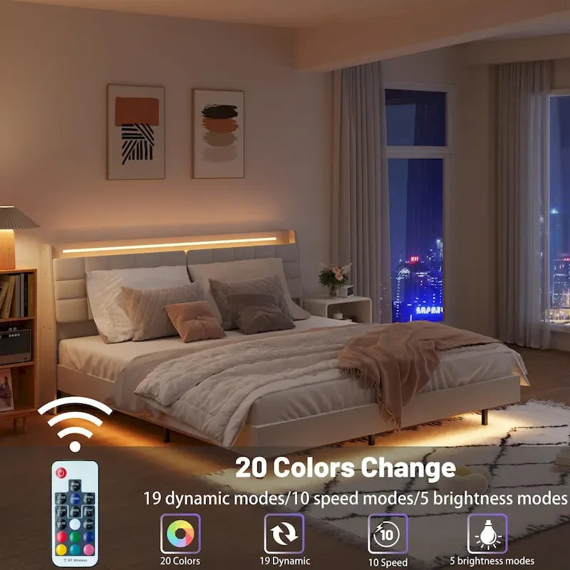 King Size Floating Bed Frame with RGB LED Lights, Headboard Storage, and USB Charging - Beige Velvet