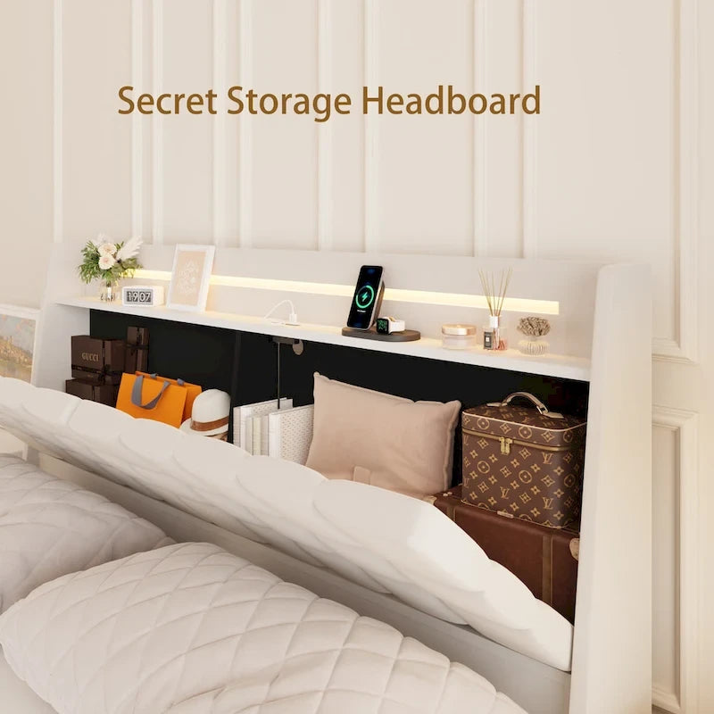 King Size Floating Bed Frame with RGB LED Lights, Headboard Storage, and USB Charging - Beige Velvet
