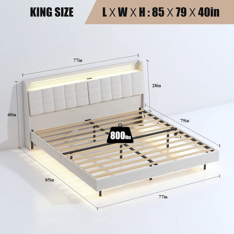 Struttura letto king size sospesa con luci LED RGB, contenitore nella testiera e ricarica USB - Velluto beige