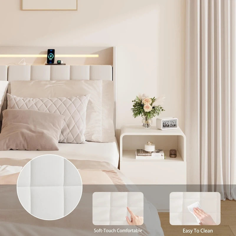 Struttura letto king size sospesa con luci LED RGB, contenitore nella testiera e ricarica USB - Velluto beige