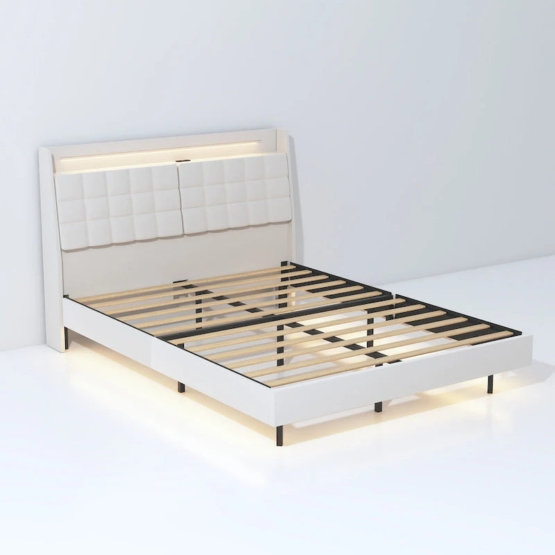 Struttura letto king size sospesa con luci LED RGB, contenitore nella testiera e ricarica USB - Velluto beige